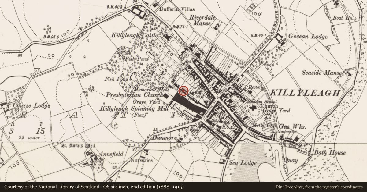 Ordnance Survey six-inch map, 2nd edition (1888–1915) covering the location of 7 Plantation St., Newry, Mourne and Down, with a pin at the register's coordinates