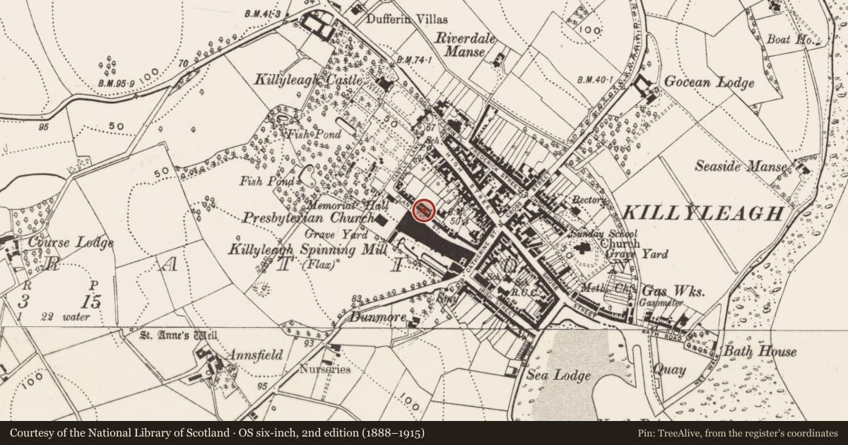 Ordnance Survey six-inch map, 2nd edition (1888–1915) covering the location of 8 Plantation St., Newry, Mourne and Down, with a pin at the register's coordinates