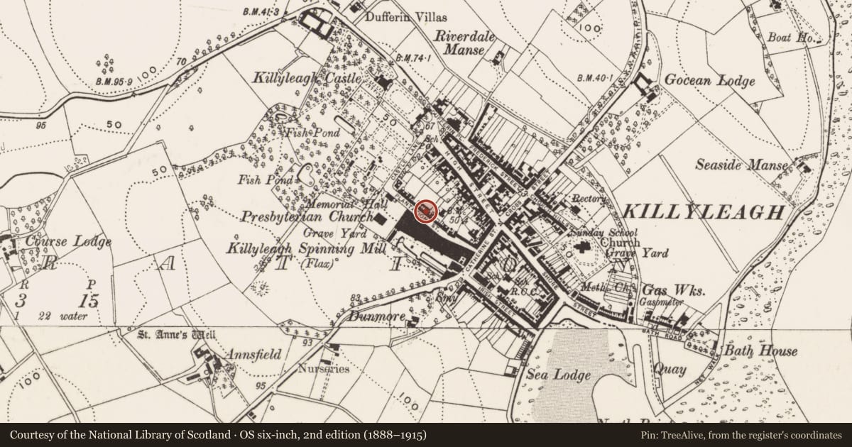 Ordnance Survey six-inch map, 2nd edition (1888–1915) covering the location of 9 Plantation St., Newry, Mourne and Down, with a pin at the register's coordinates
