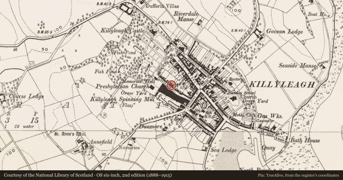 Ordnance Survey six-inch map, 2nd edition (1888–1915) covering the location of 10 Plantation St., Newry, Mourne and Down, with a pin at the register's coordinates