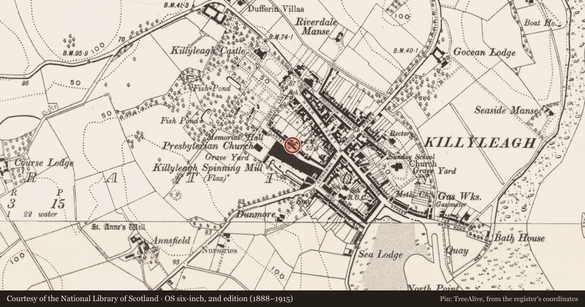 Ordnance Survey six-inch map, 2nd edition (1888–1915) covering the location of 11 Plantation St., Newry, Mourne and Down, with a pin at the register's coordinates