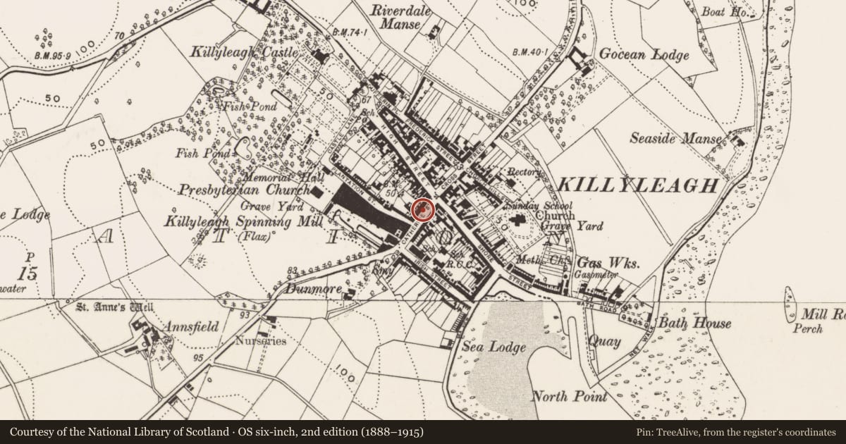 Ordnance Survey six-inch map, 2nd edition (1888–1915) covering the location of 9 Catherine St., Newry, Mourne and Down, with a pin at the register's coordinates