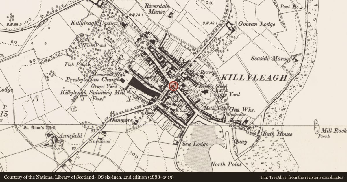 Ordnance Survey six-inch map, 2nd edition (1888–1915) covering the location of Hamilton Arms Bar, Newry, Mourne and Down, with a pin at the register's coordinates