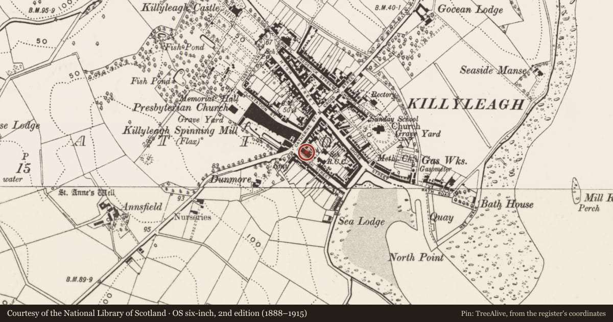 Ordnance Survey six-inch map, 2nd edition (1888–1915) covering the location of Second Killyleagh Presbyterian Church, Newry, Mourne and Down, with a pin at the register's coordinates