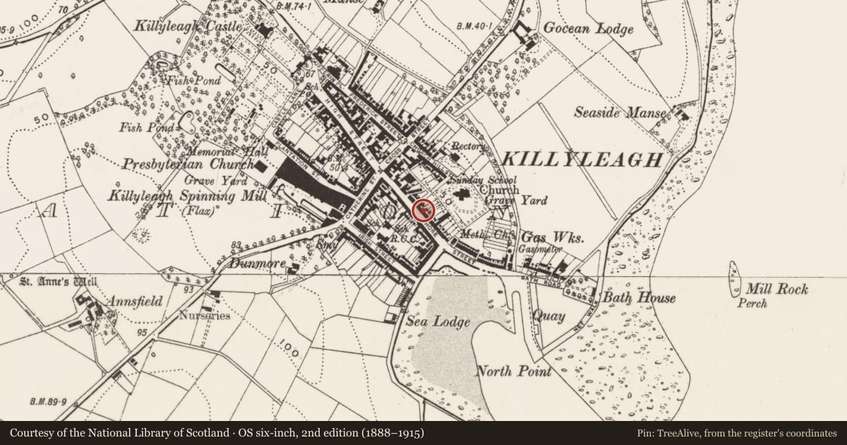Ordnance Survey six-inch map, 2nd edition (1888–1915) covering the location of 32 Shore St., Newry, Mourne and Down, with a pin at the register's coordinates