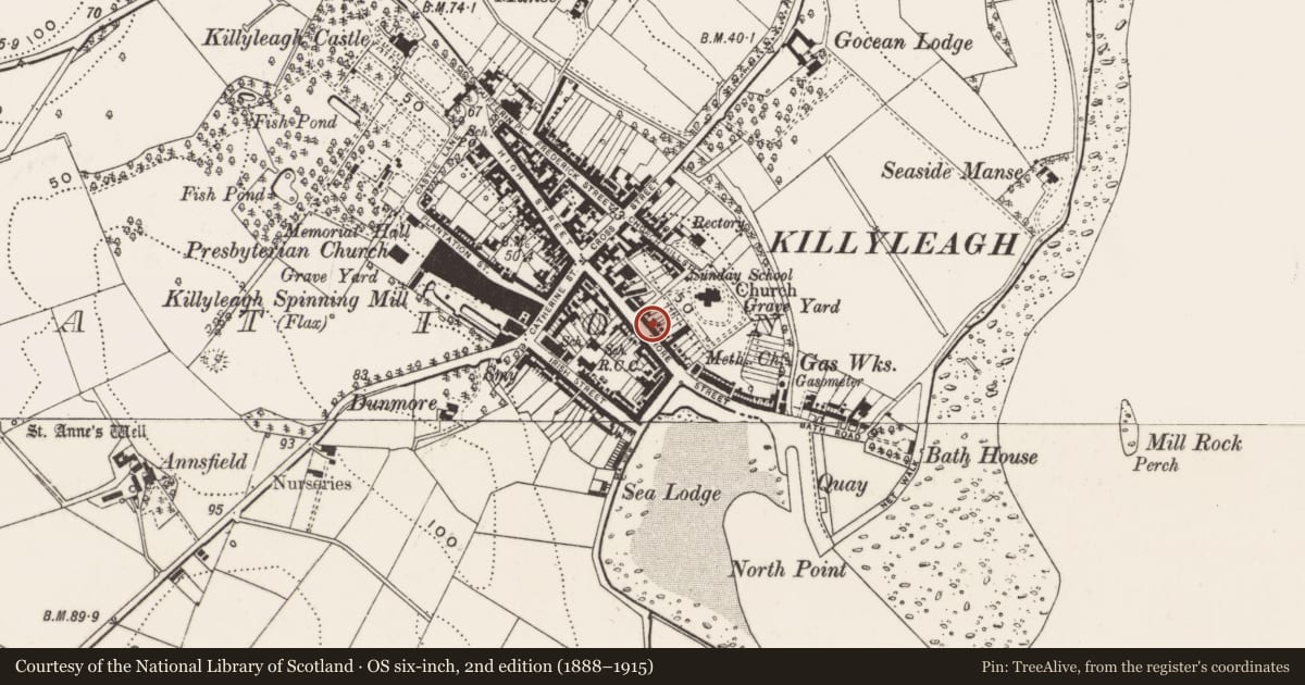 Ordnance Survey six-inch map, 2nd edition (1888–1915) covering the location of 34 Shore St., Newry, Mourne and Down, with a pin at the register's coordinates