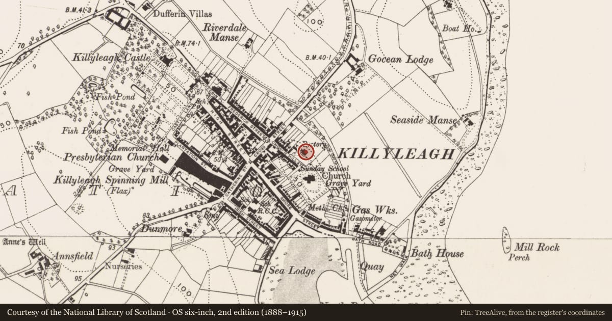 Ordnance Survey six-inch map, 2nd edition (1888–1915) covering the location of Church Hill House, Newry, Mourne and Down, with a pin at the register's coordinates
