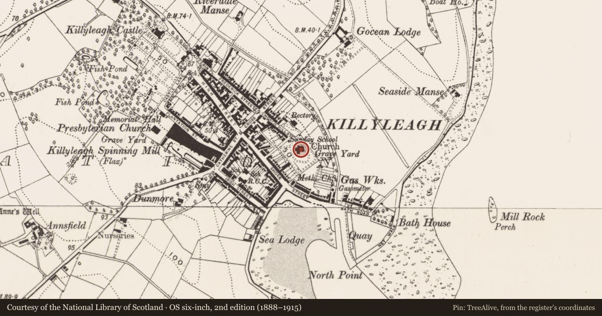 Ordnance Survey six-inch map, 2nd edition (1888–1915) covering the location of Killyleagh Parish Church, Newry, Mourne and Down, with a pin at the register's coordinates