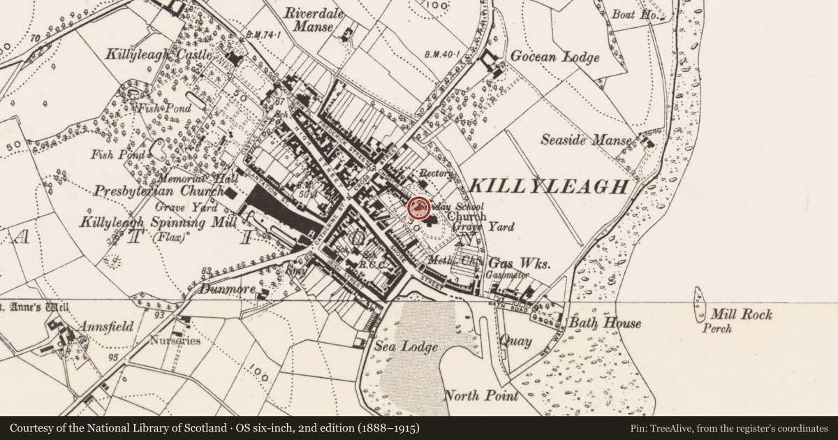 Ordnance Survey six-inch map, 2nd edition (1888–1915) covering the location of Heron Memorial Grave Chamber, Newry, Mourne and Down, with a pin at the register's coordinates