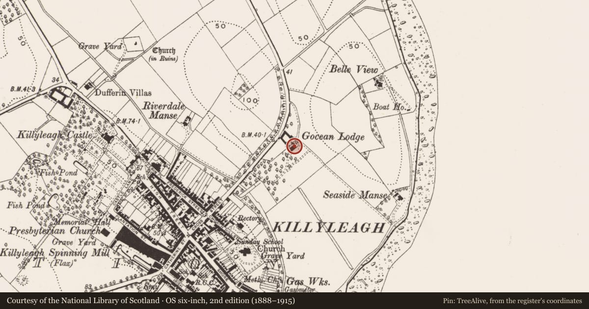 Ordnance Survey six-inch map, 2nd edition (1888–1915) covering the location of The Gocean, Newry, Mourne and Down, with a pin at the register's coordinates
