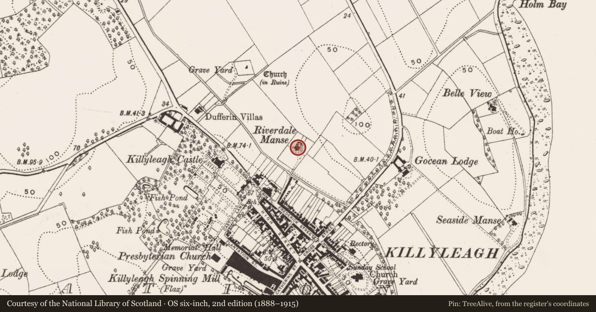 Ordnance Survey six-inch map, 2nd edition (1888–1915) covering the location of Riverdale House, Newry, Mourne and Down, with a pin at the register's coordinates