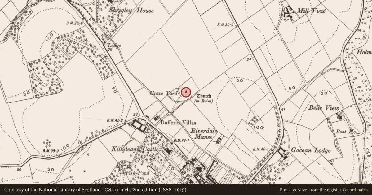 Ordnance Survey six-inch map, 2nd edition (1888–1915) covering the location of Killowen Church Ruins, Corporation (Killyleagh), Newry, Mourne and Down, with a pin at the register's coordinates
