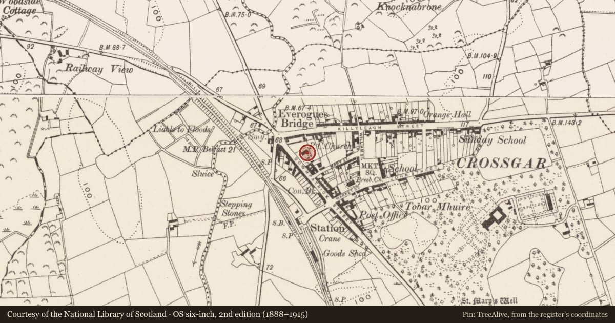 Ordnance Survey six-inch map, 2nd edition (1888–1915) covering the location of St Joseph's RC Church, Downpatrick Street, Crossgar, Co Down BT30 9EA, Newry, Mourne and Down, with a pin at the register's coordinates