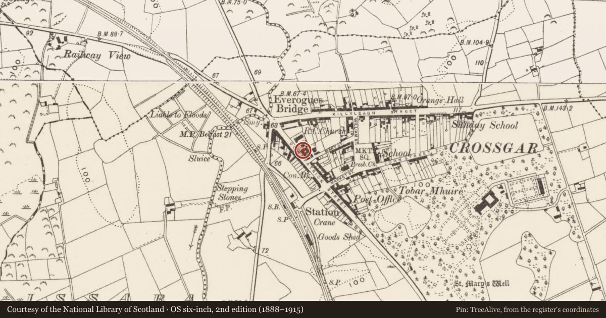 Ordnance Survey six-inch map, 2nd edition (1888–1915) covering the location of Pump next to St Joseph's RC Church, Downpatrick Street, Crossgar, Co Down, Newry, Mourne and Down, with a pin at the register's coordinates