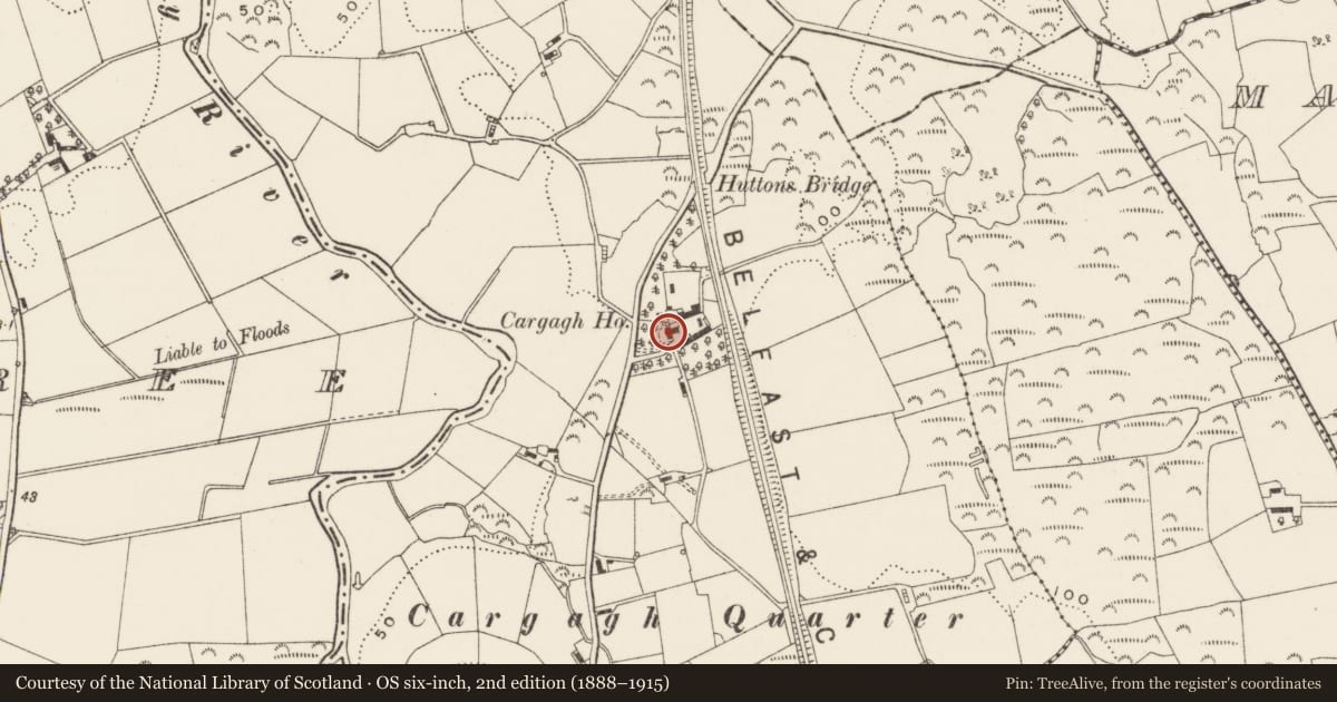 Ordnance Survey six-inch map, 2nd edition (1888–1915) covering the location of Cargagh House, Annacloy, Newry, Mourne and Down, with a pin at the register's coordinates