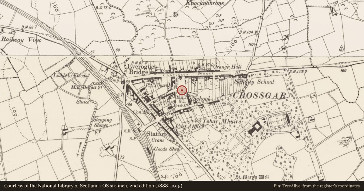 Ordnance Survey six-inch map, 2nd edition (1888–1915) covering the location of Masonic Hall, Crossgar, Newry, Mourne and Down, with a pin at the register's coordinates