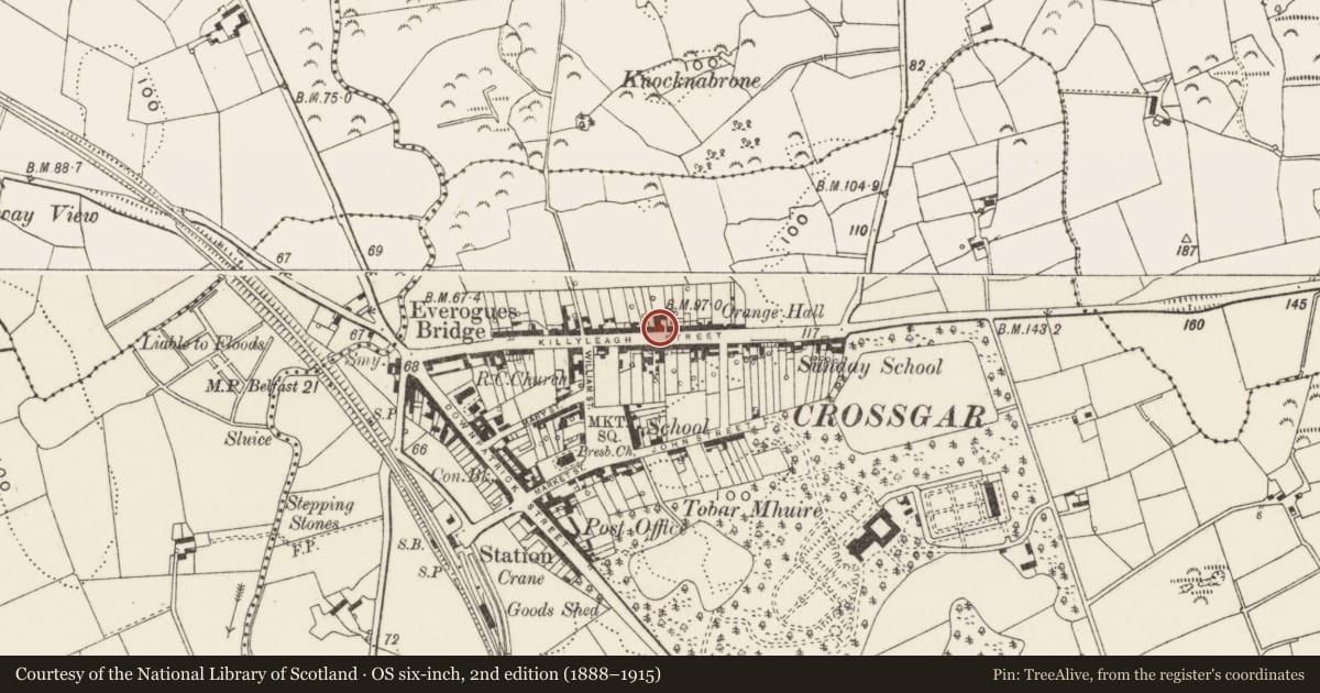 Ordnance Survey six-inch map, 2nd edition (1888–1915) covering the location of 50 Killyleagh Street, Crossgar, Newry, Mourne and Down, with a pin at the register's coordinates