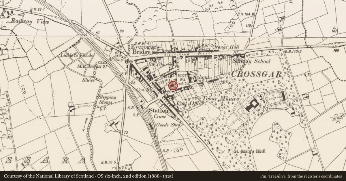 Ordnance Survey six-inch map, 2nd edition (1888–1915) covering the location of Lisarra Presbyterian Church, Crossgar, Newry, Mourne and Down, with a pin at the register's coordinates