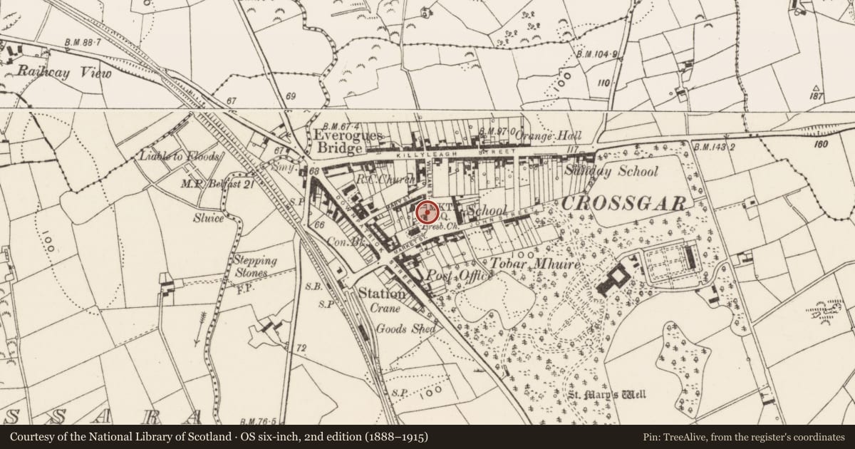Ordnance Survey six-inch map, 2nd edition (1888–1915) covering the location of Northern Bank, Crossgar, Newry, Mourne and Down, with a pin at the register's coordinates