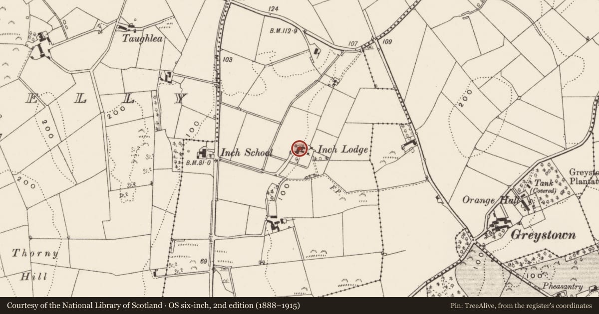 Ordnance Survey six-inch map, 2nd edition (1888–1915) covering the location of Inch Lodge, Magheracranmoney, Newry, Mourne and Down, with a pin at the register's coordinates