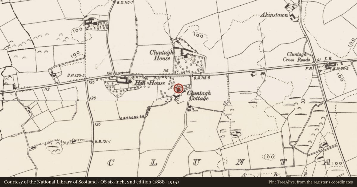 Ordnance Survey six-inch map, 2nd edition (1888–1915) covering the location of Cluntagh Cottage, Newry, Mourne and Down, with a pin at the register's coordinates