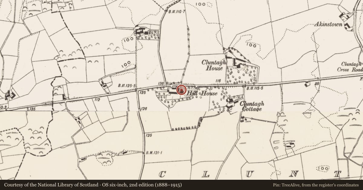 Ordnance Survey six-inch map, 2nd edition (1888–1915) covering the location of Hill House, Cluntagh, Newry, Mourne and Down, with a pin at the register's coordinates