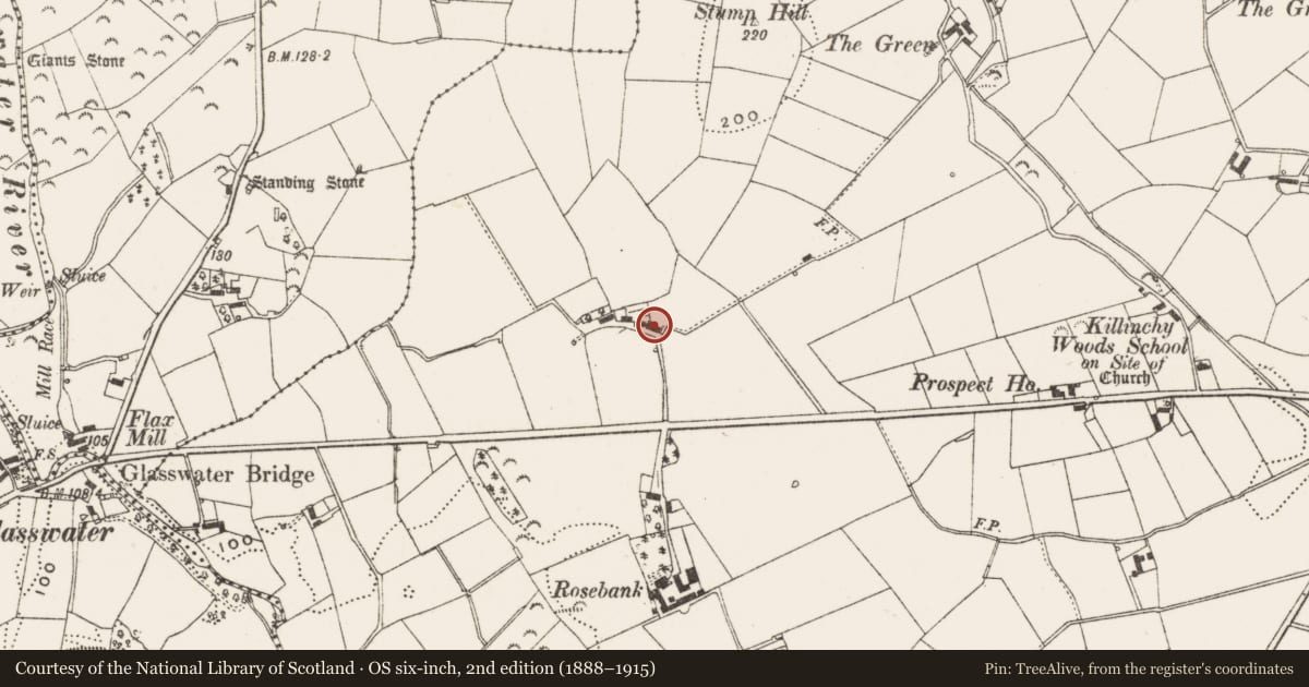 Ordnance Survey six-inch map, 2nd edition (1888–1915) covering the location of Farmhouse, Killinchy in the Woods, Newry, Mourne and Down, with a pin at the register's coordinates