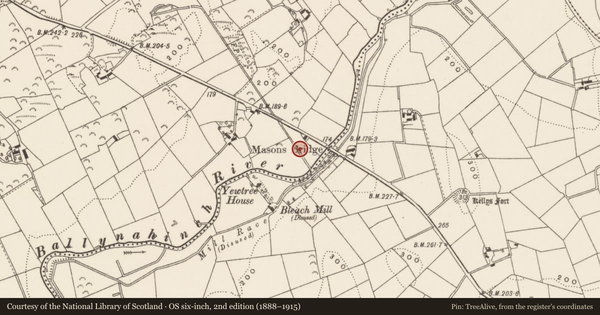 Ordnance Survey six-inch map, 2nd edition (1888–1915) covering the location of Yewtree House, Drumnaconagher, Newry, Mourne and Down, with a pin at the register's coordinates