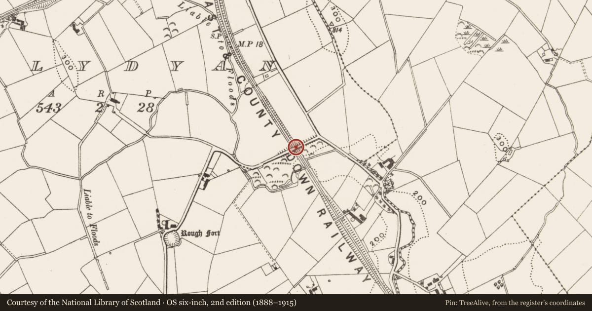 Ordnance Survey six-inch map, 2nd edition (1888–1915) covering the location of Former railway bridge, Ballydyan, Newry, Mourne and Down, with a pin at the register's coordinates