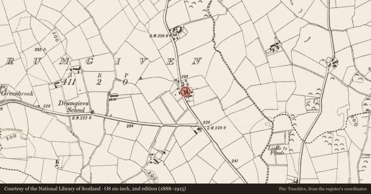 Ordnance Survey six-inch map, 2nd edition (1888–1915) covering the location of Drumgiven House, Down, with a pin at the register's coordinates