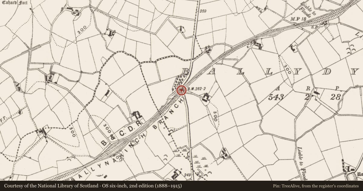 Ordnance Survey six-inch map, 2nd edition (1888–1915) covering the location of Former railway bridge, Ballydyan, Newry, Mourne and Down, with a pin at the register's coordinates