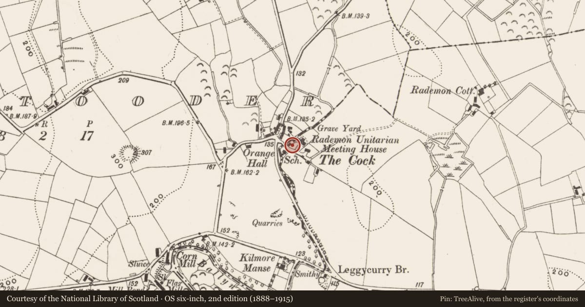 Ordnance Survey six-inch map, 2nd edition (1888–1915) covering the location of 17 Listooder Road, Rademan, Newry, Mourne and Down, with a pin at the register's coordinates