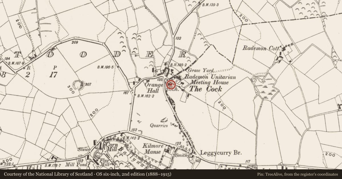 Ordnance Survey six-inch map, 2nd edition (1888–1915) covering the location of Hall at Rademon Unitarian meeting house, Rademan, Newry, Mourne and Down, with a pin at the register's coordinates