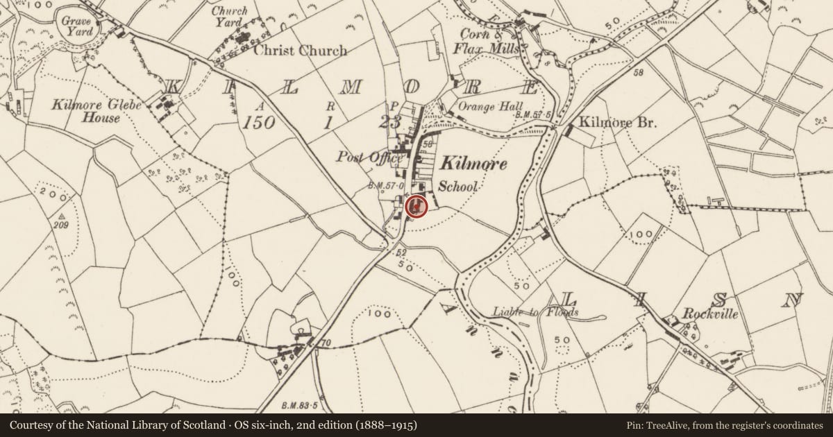 Ordnance Survey six-inch map, 2nd edition (1888–1915) covering the location of 9-11 Kilmore Village(Masons Bar), Newry, Mourne and Down, with a pin at the register's coordinates