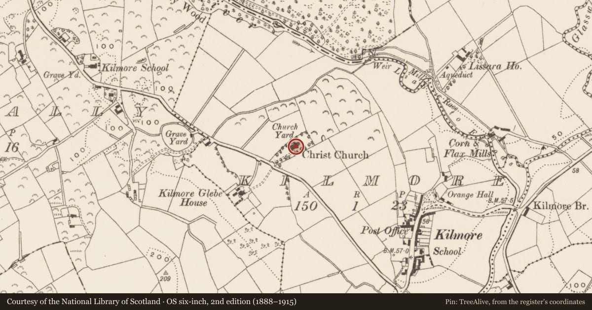 Ordnance Survey six-inch map, 2nd edition (1888–1915) covering the location of Christ Church (C of I) Parish Church, Kilmore, Newry, Mourne and Down, with a pin at the register's coordinates