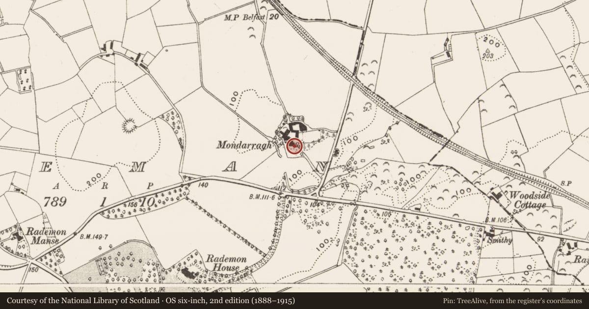 Ordnance Survey six-inch map, 2nd edition (1888–1915) covering the location of Mondarragh, Rademan, Newry, Mourne and Down, with a pin at the register's coordinates