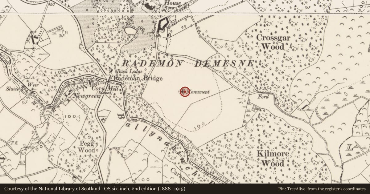 Ordnance Survey six-inch map, 2nd edition (1888–1915) covering the location of Sharman Crawford monument, Rademan, Newry, Mourne and Down, with a pin at the register's coordinates
