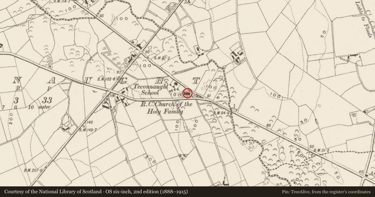 Ordnance Survey six-inch map, 2nd edition (1888–1915) covering the location of Church of the Holy Family (RC), Teconnaught, Newry, Mourne and Down, with a pin at the register's coordinates