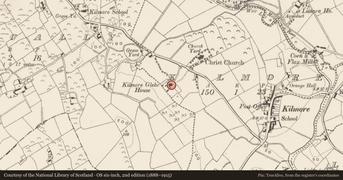 Ordnance Survey six-inch map, 2nd edition (1888–1915) covering the location of Former rectory, Kilmore, Newry, Mourne and Down, with a pin at the register's coordinates