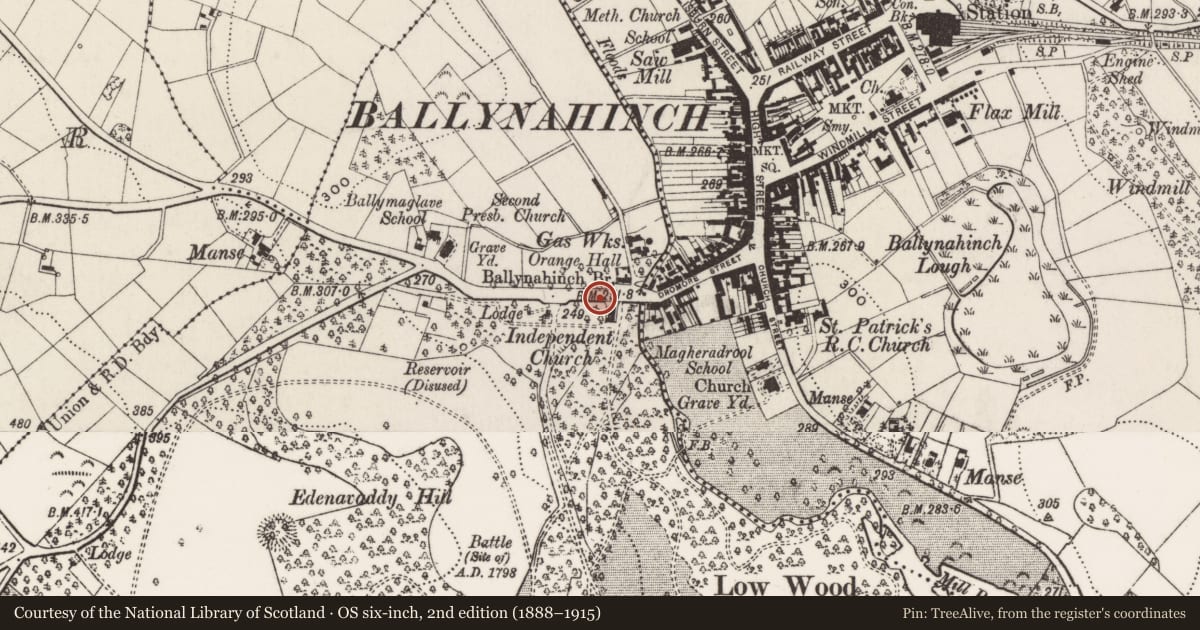 Ordnance Survey six-inch map, 2nd edition (1888–1915) covering the location of North (Town) gate screen and walling, Ballymaglave north, Newry, Mourne and Down, with a pin at the register's coordinates