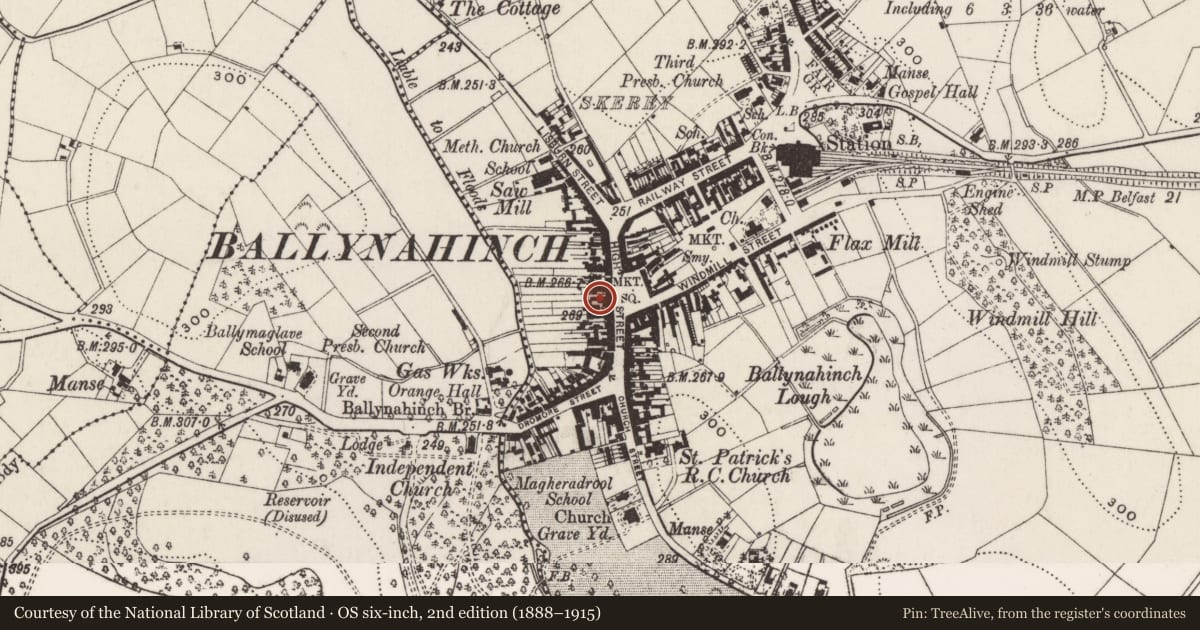 Ordnance Survey six-inch map, 2nd edition (1888–1915) covering the location of Northern Bank, Ballynahinch, Newry, Mourne and Down, with a pin at the register's coordinates