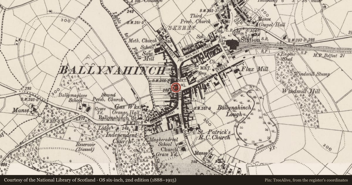 Ordnance Survey six-inch map, 2nd edition (1888–1915) covering the location of 31 High Street, Ballynahinch, Newry, Mourne and Down, with a pin at the register's coordinates