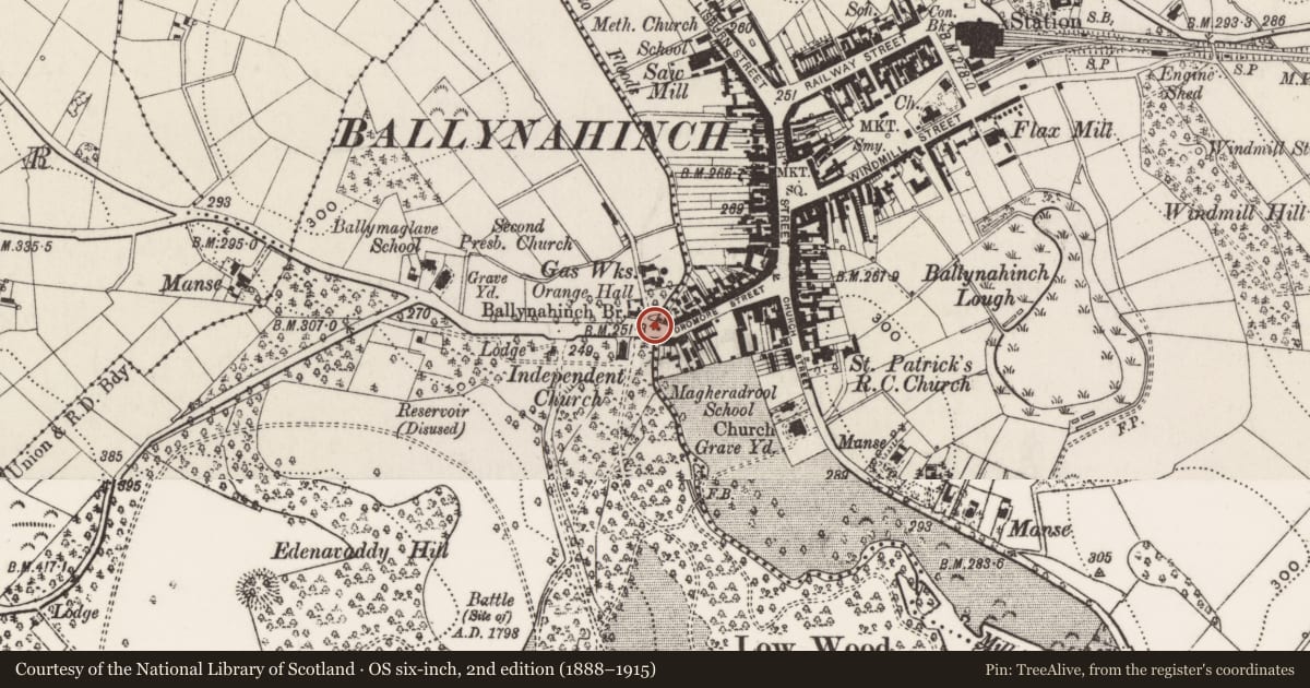 Ordnance Survey six-inch map, 2nd edition (1888–1915) covering the location of Ballynahinch Bridge, Newry, Mourne and Down, with a pin at the register's coordinates