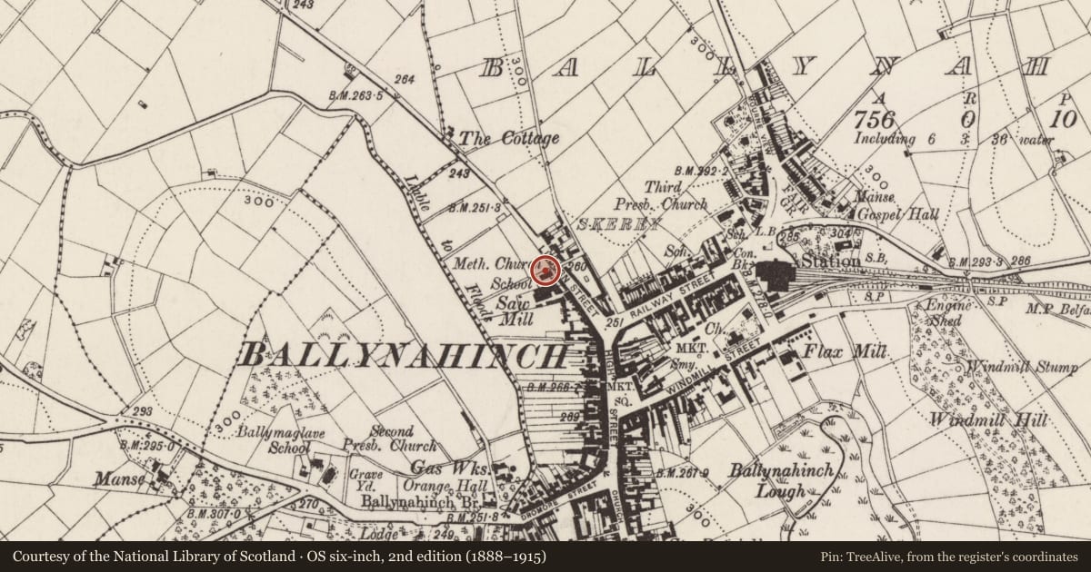 Ordnance Survey six-inch map, 2nd edition (1888–1915) covering the location of Methodist Church, Ballynahinch, Newry, Mourne and Down, with a pin at the register's coordinates
