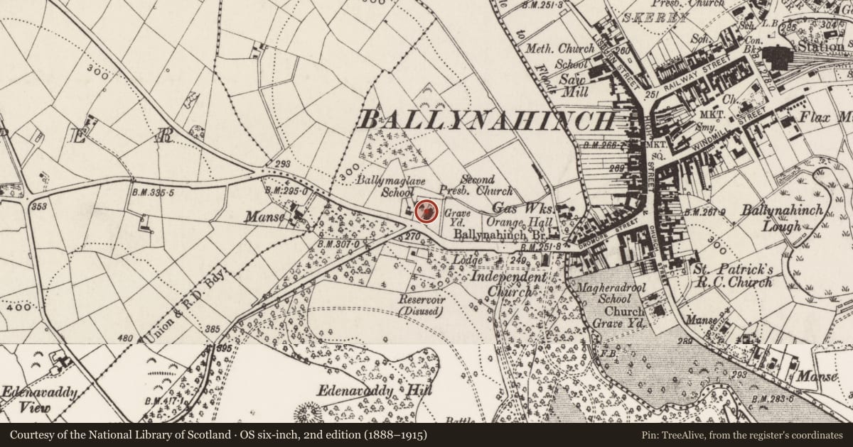 Ordnance Survey six-inch map, 2nd edition (1888–1915) covering the location of Edengrove Presbyterian Church, Ballymaglave north, Newry, Mourne and Down, with a pin at the register's coordinates