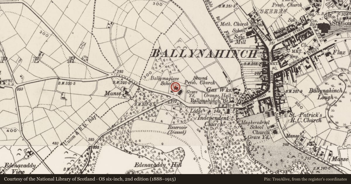Ordnance Survey six-inch map, 2nd edition (1888–1915) covering the location of Former schoolhouse at Edengrove Presbyterian Church, Ballymaglave north, Newry, Mourne and Down, with a pin at the register's coordinates