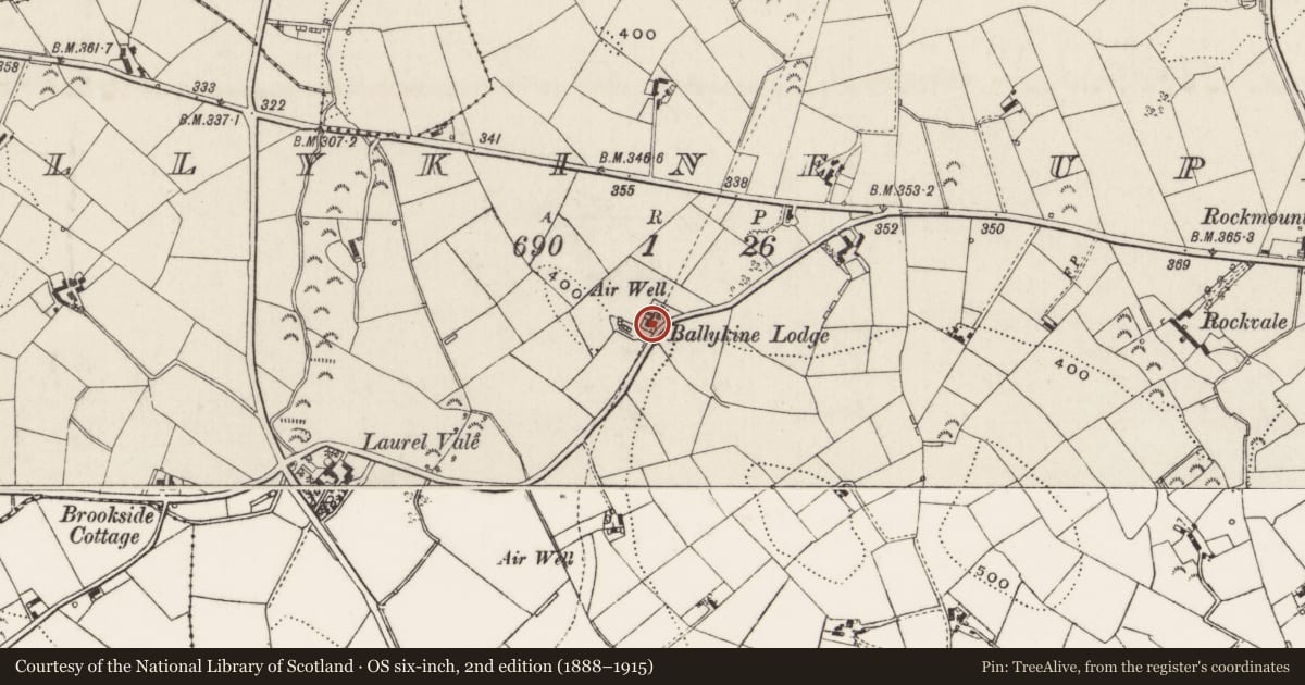 Ordnance Survey six-inch map, 2nd edition (1888–1915) covering the location of Ballykine Lodge, Newry, Mourne and Down, with a pin at the register's coordinates