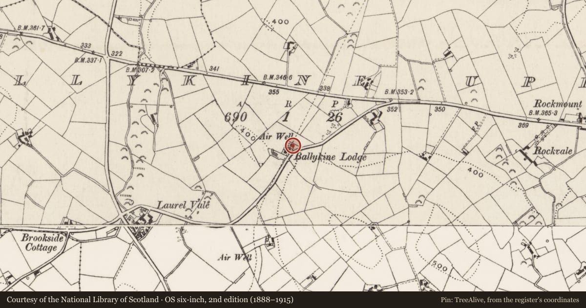 Ordnance Survey six-inch map, 2nd edition (1888–1915) covering the location of Pumping station at Ballykine Lodge, Newry, Mourne and Down, with a pin at the register's coordinates