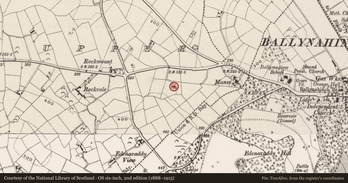 Ordnance Survey six-inch map, 2nd edition (1888–1915) covering the location of (Site of) Raleagh House, Ballykine Upper, Newry, Mourne and Down, with a pin at the register's coordinates
