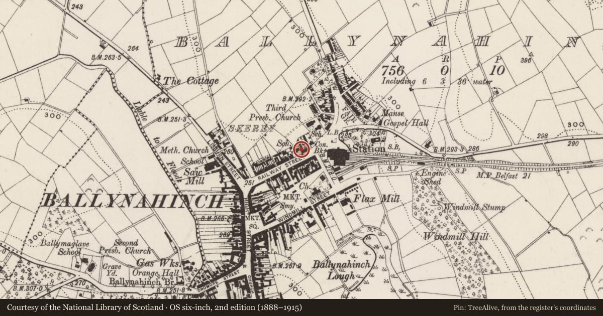 Ordnance Survey six-inch map, 2nd edition (1888–1915) covering the location of 40-42 Main Street, Ballynahinch, Newry, Mourne and Down, with a pin at the register's coordinates